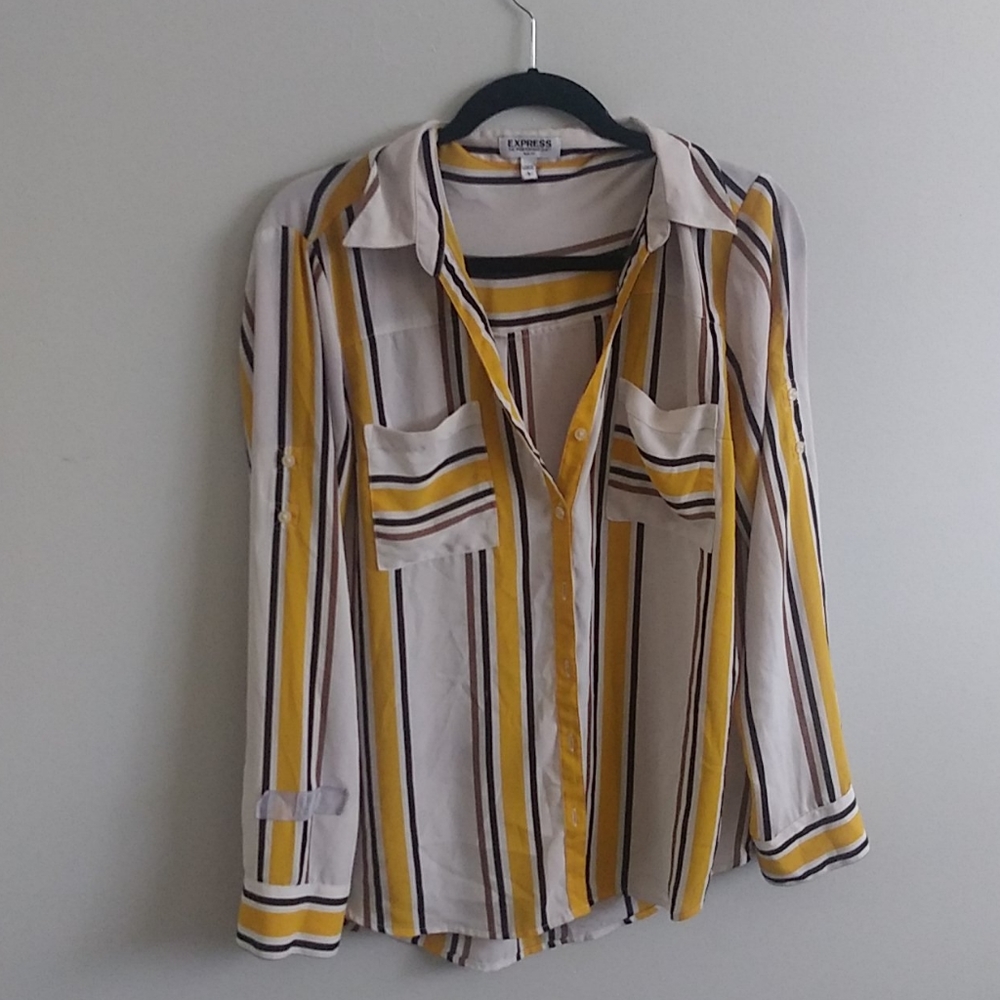 Flowy sheer button up with yellow and black stripe
